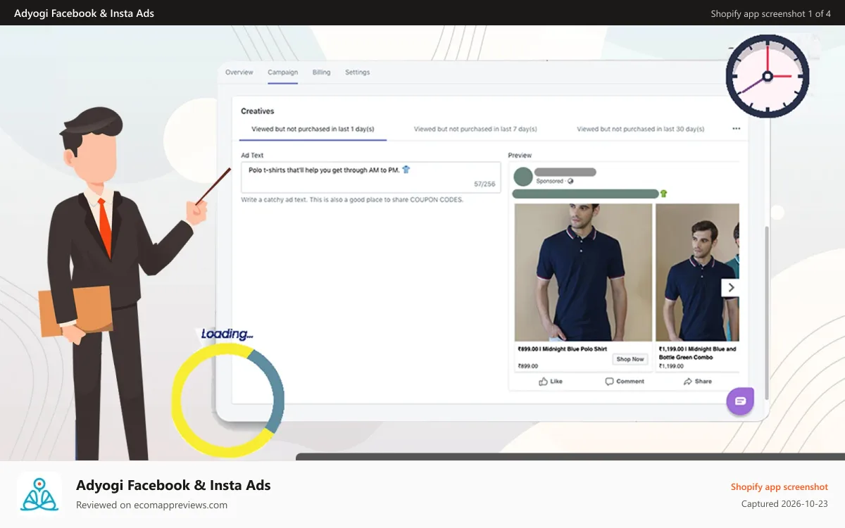 Adyogi Facebook & Insta Ads Shopify app screenshot: Realtime Ad Preview & Ad Text Customization. Live Catalogue Sync