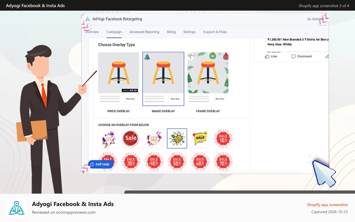 Adyogi Facebook & Insta Ads Shopify app screenshot: Customized Creative Overlays & Frames for better Ad Optimization