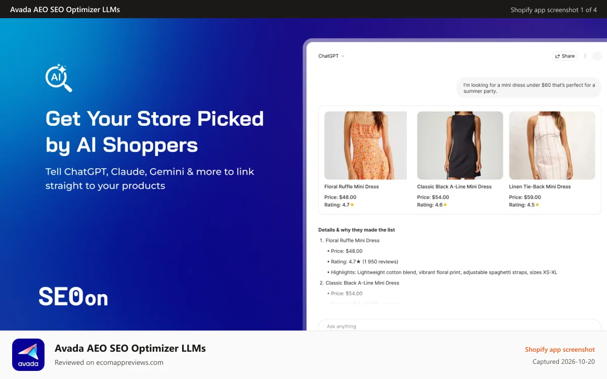 Avada AEO SEO Optimizer LLMs Shopify app screenshot: AI search, AEO optimizer, chatgpt, claude, perplexity, gemini