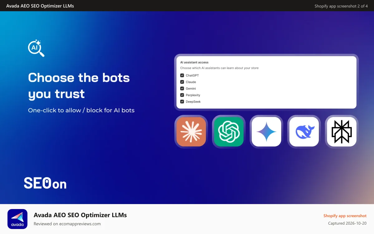 Avada AEO SEO Optimizer LLMs Shopify app screenshot: Choose AI crawlers can access your store