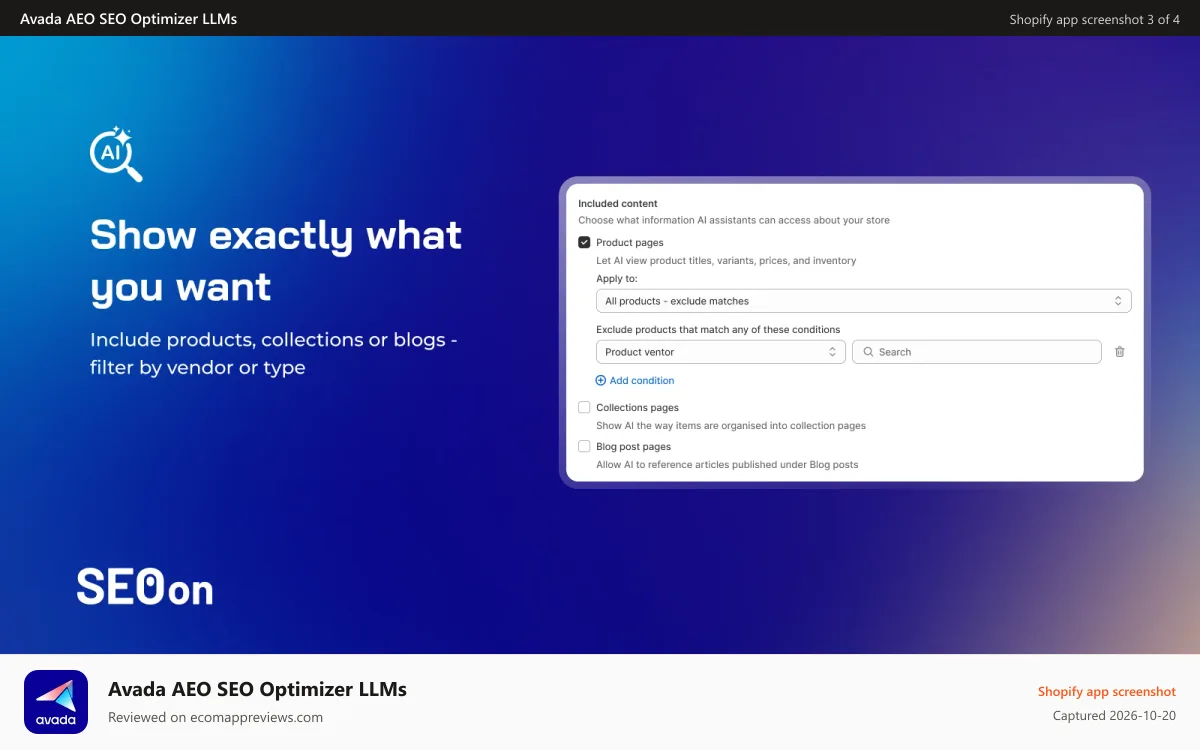 Avada AEO SEO Optimizer LLMs Shopify app screenshot: Pick products, collections or blogs to include
