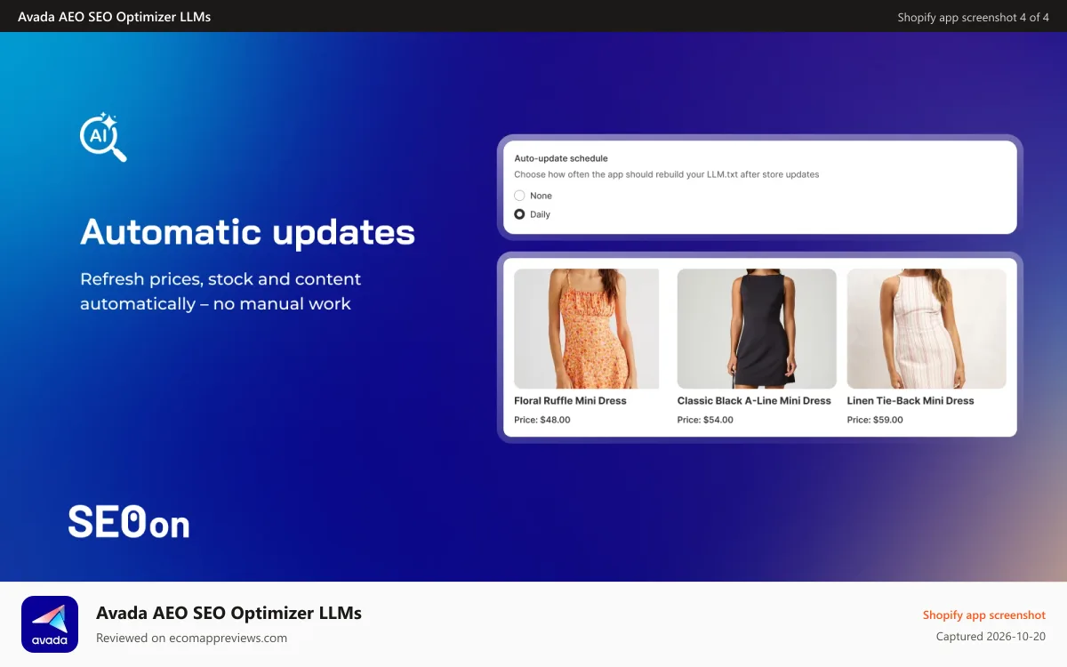 Avada AEO SEO Optimizer LLMs Shopify app screenshot: Automatic updates keep data fresh for AI answers