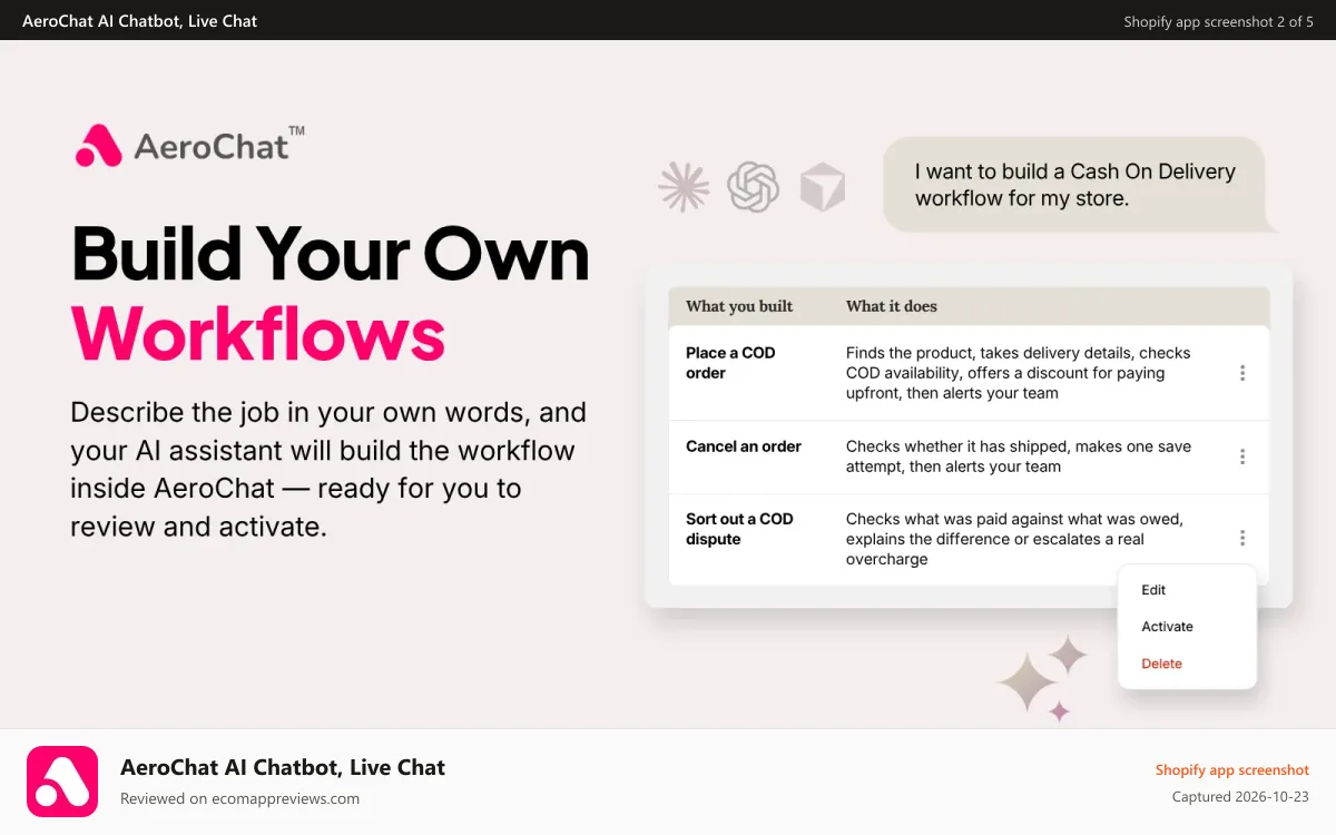 AeroChat AI Chatbot, Live Chat Shopify app screenshot: Build custom AI workflows in plain language with no code