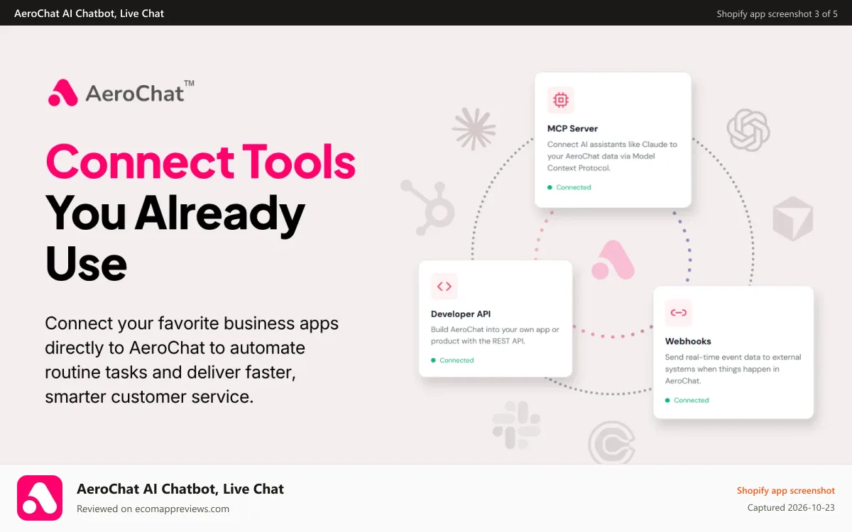 AeroChat AI Chatbot, Live Chat Shopify app screenshot: Integrate AeroChat with APIs, Webhooks, and MCP Server