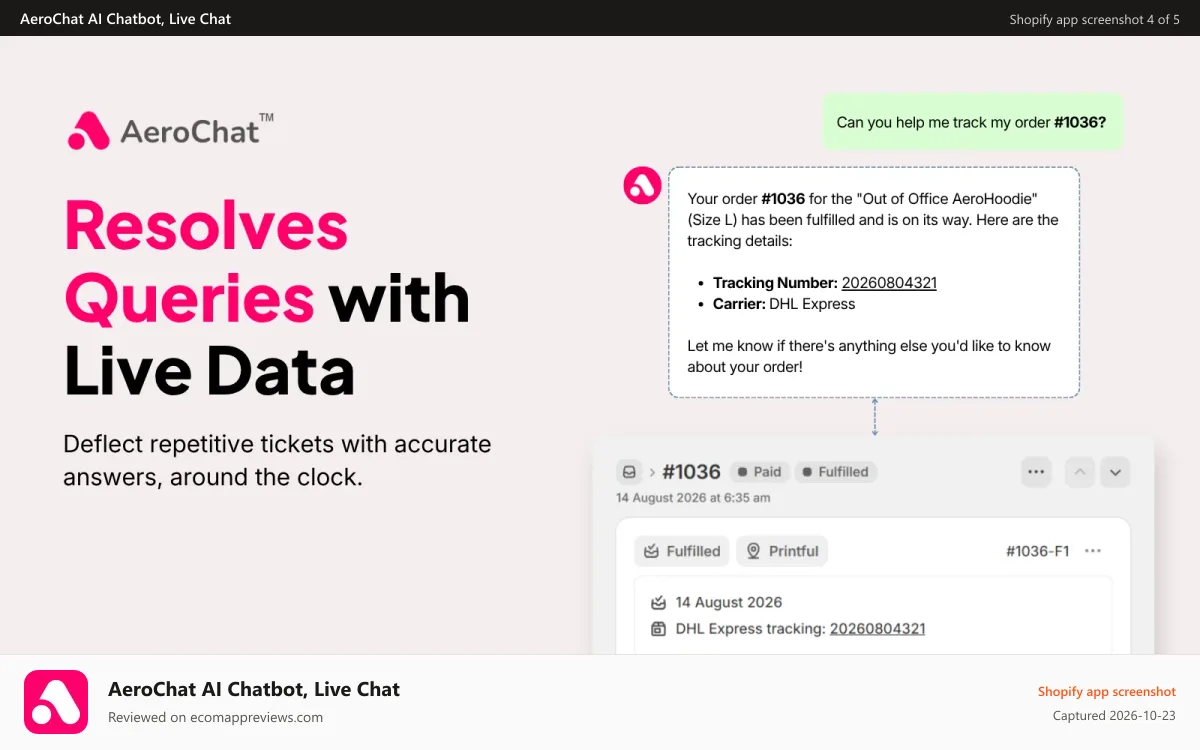 AeroChat AI Chatbot, Live Chat Shopify app screenshot: Resolve support queries and deflect repetitive tickets
