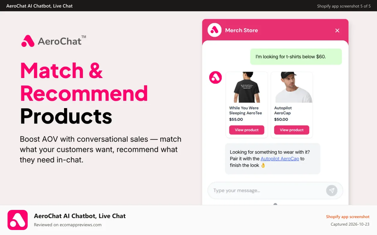 AeroChat AI Chatbot, Live Chat Shopify app screenshot: Boosts AOV with conversational sales directly in-chat