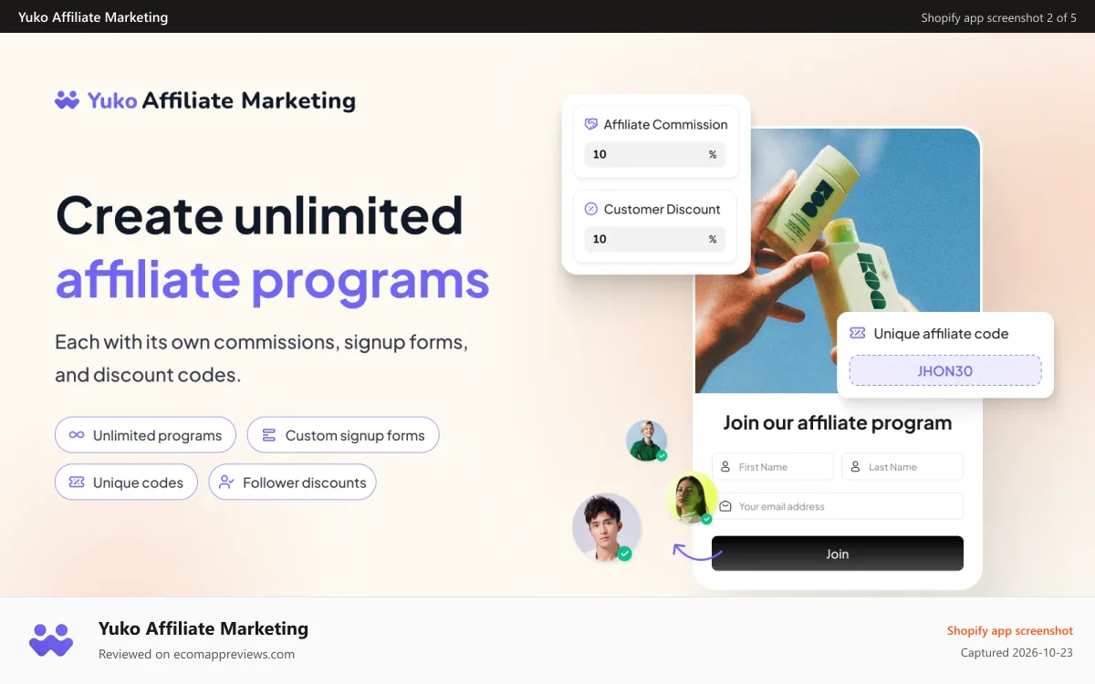 Yuko Affiliate Marketing Shopify app screenshot: Launch Affiliate Programs & Referral Programs in Shopify