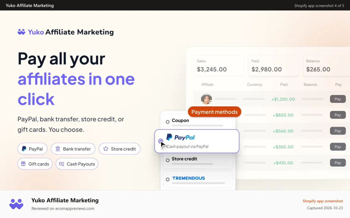 Yuko Affiliate Marketing Shopify app screenshot: Automated rewards & payouts for referral partners