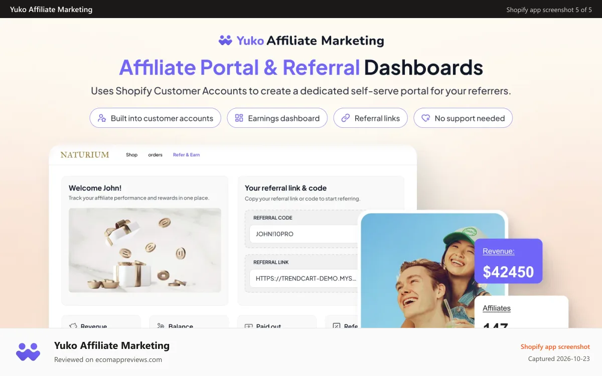 Yuko Affiliate Marketing Shopify app screenshot: Affiliate portal with native Shopify customer accounts