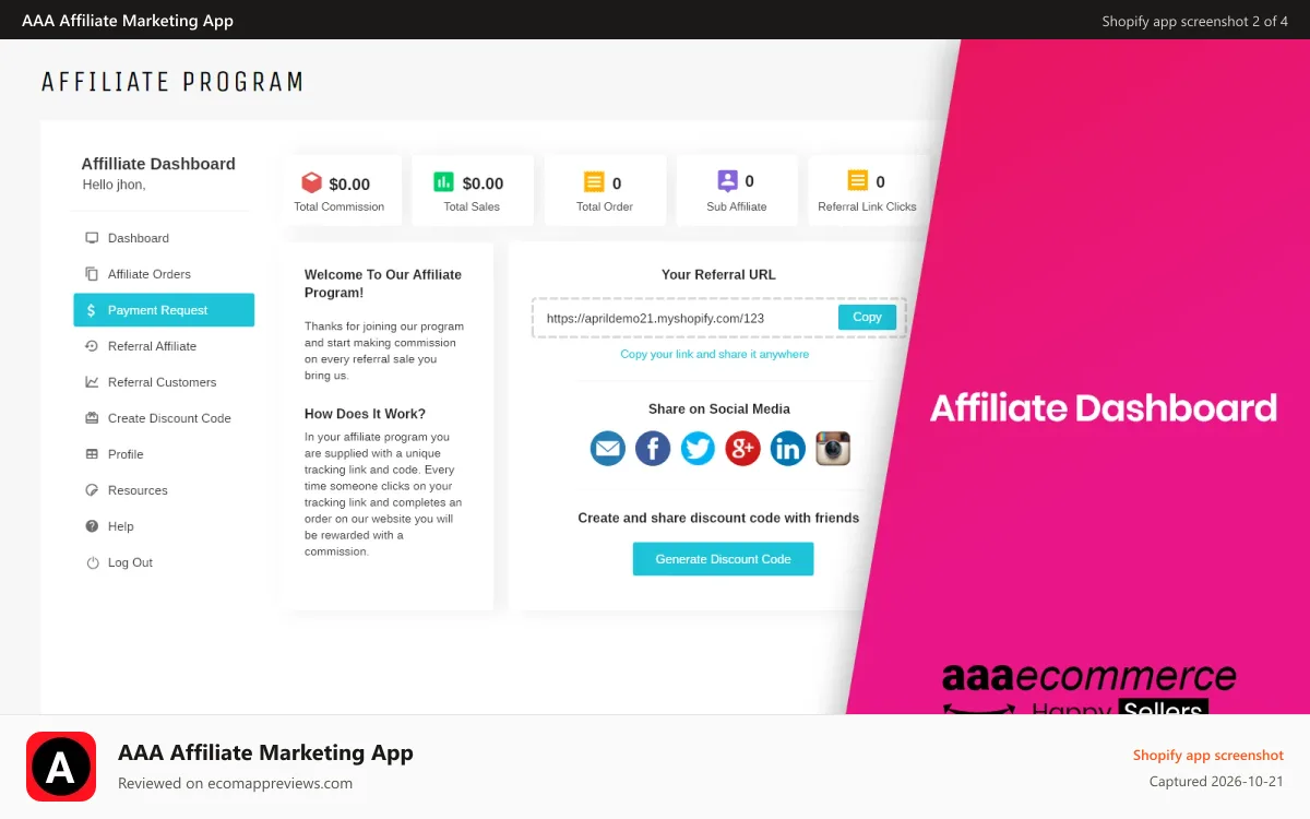 AAA Affiliate Marketing App Shopify app screenshot: Affiliate Marketing Dashboard