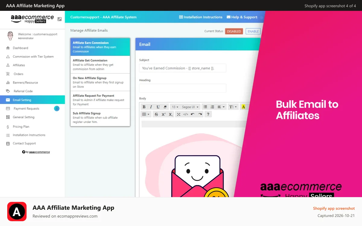AAA Affiliate Marketing App Shopify app screenshot: Email Marketing to Affiliates