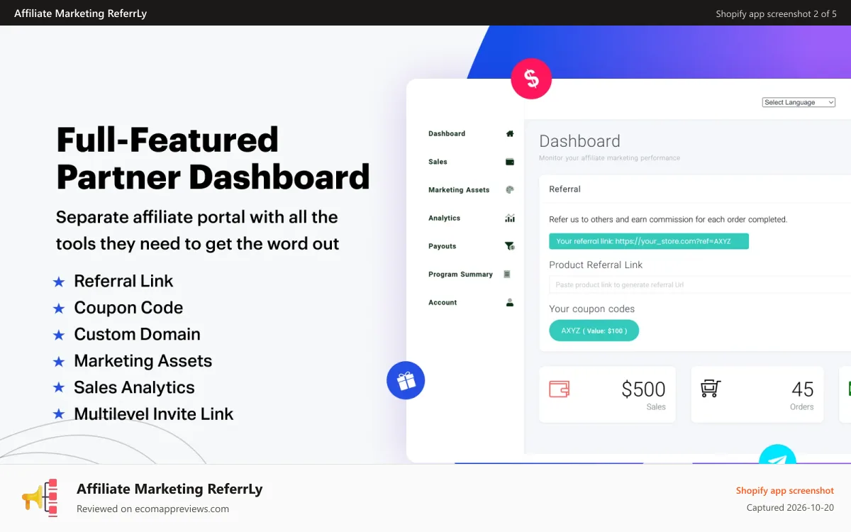 Affiliate Marketing ReferrLy Shopify app screenshot: Partner Dashboard