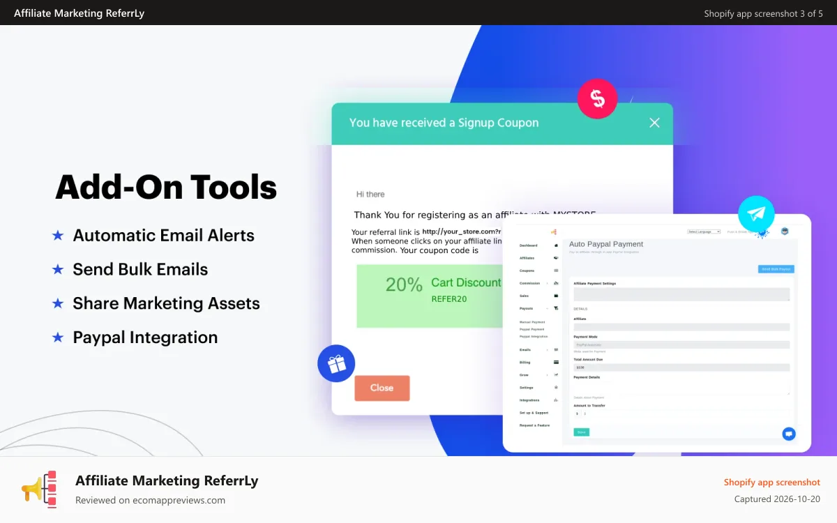 Affiliate Marketing ReferrLy Shopify app screenshot: Add On Tools