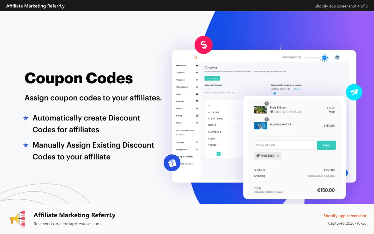 Affiliate Marketing ReferrLy Shopify app screenshot: Coupon Codes