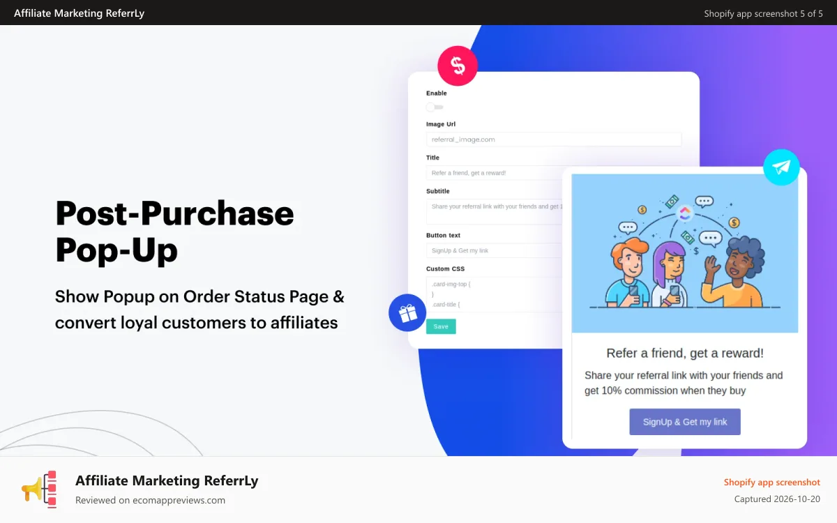 Affiliate Marketing ReferrLy Shopify app screenshot: Turn Customers Into Affiliates