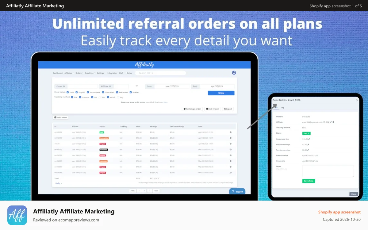 Affiliatly Affiliate Marketing Shopify app screenshot: Track all details of the orders referred by your influencers