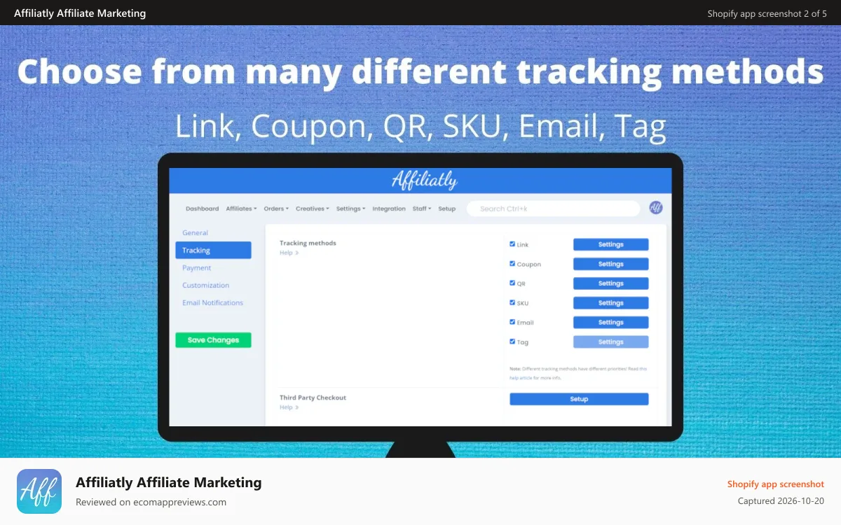 Affiliatly Affiliate Marketing Shopify app screenshot: Multiple tracking methods: Link, Coupon, QR, SKU, Email, Tag