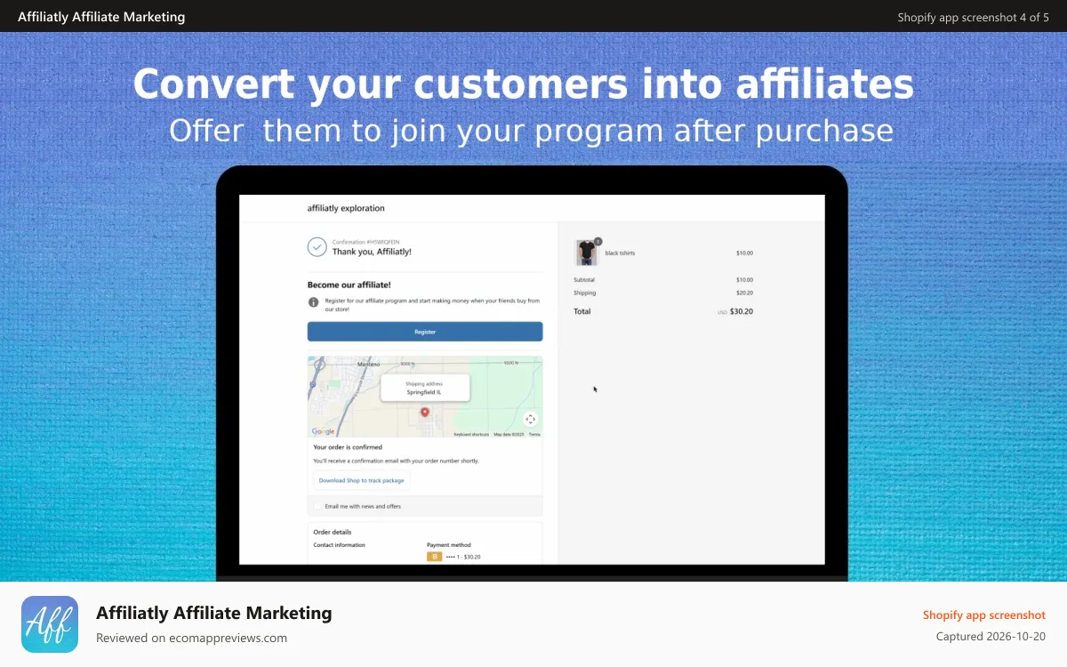 Affiliatly Affiliate Marketing Shopify app screenshot: Customers can become affiliates after checkout to refer a friend