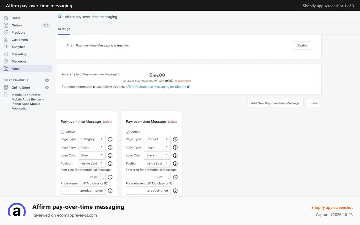 Affirm pay‑over‑time messaging Shopify app screenshot: Promotional message form