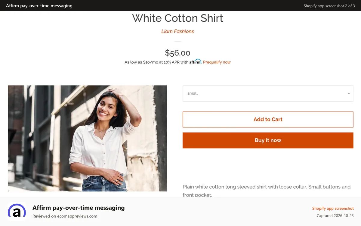 Affirm pay‑over‑time messaging Shopify app screenshot: Product Detail page with promotional message