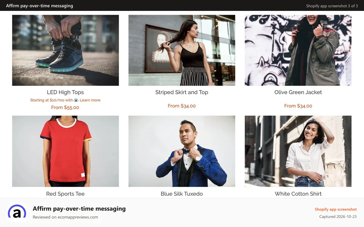 Affirm pay‑over‑time messaging Shopify app screenshot: Category page with promotional message