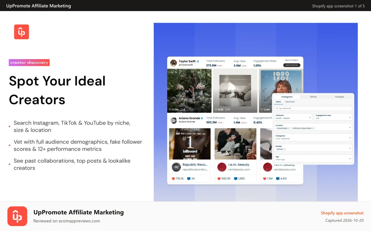 UpPromote Affiliate Marketing Shopify app screenshot: Discover creator