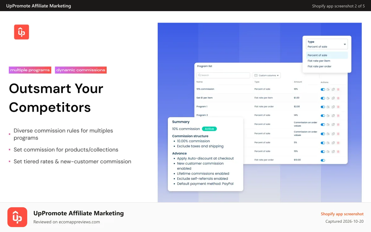 UpPromote Affiliate Marketing Shopify app screenshot: Multiple programs with smart commission rules