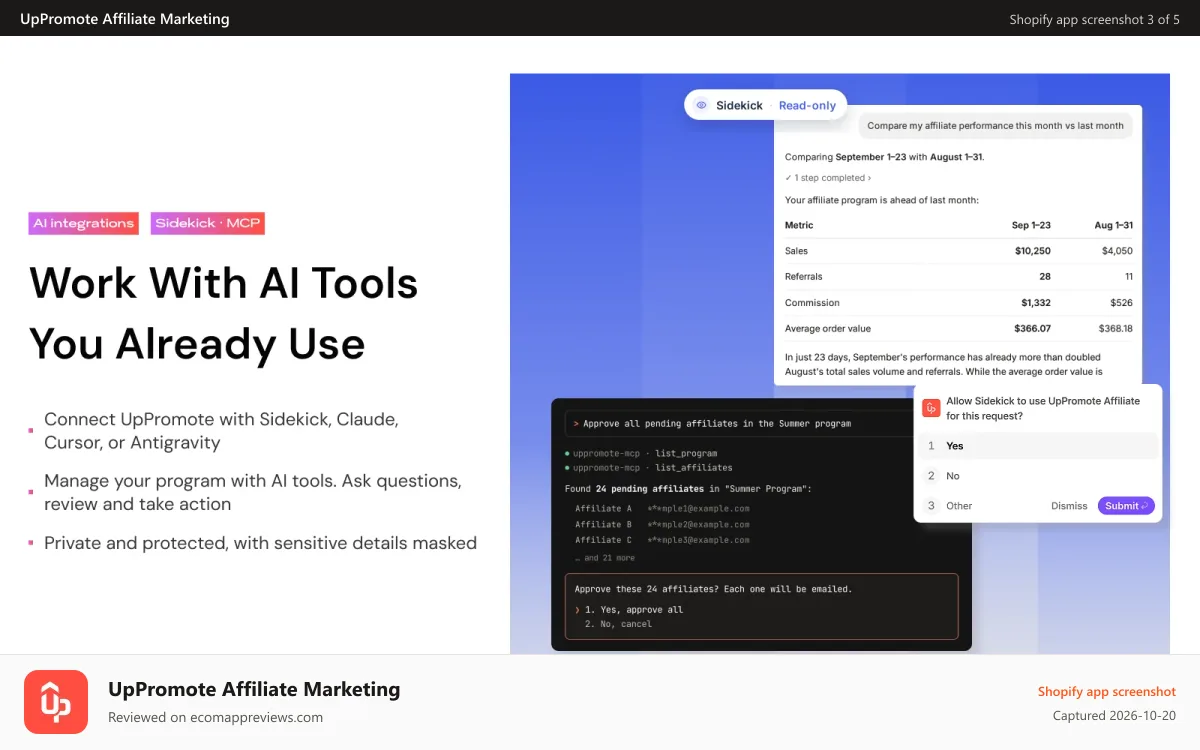 UpPromote Affiliate Marketing Shopify app screenshot: Put AI to work on your program with Sidekick, Claude, MCP