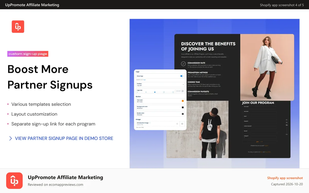 UpPromote Affiliate Marketing Shopify app screenshot: Design landing pages to boost more signups