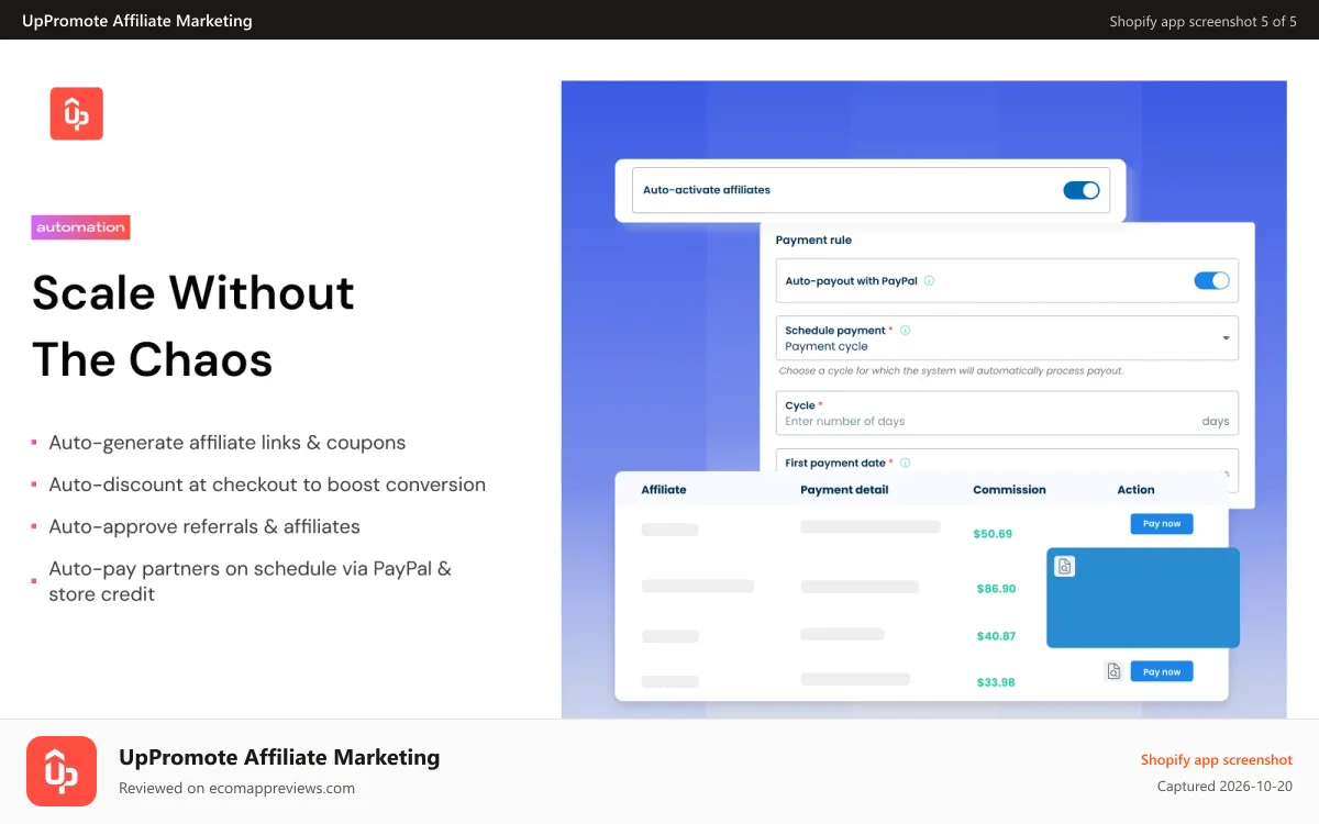 UpPromote Affiliate Marketing Shopify app screenshot: Automation process to save times and efforts