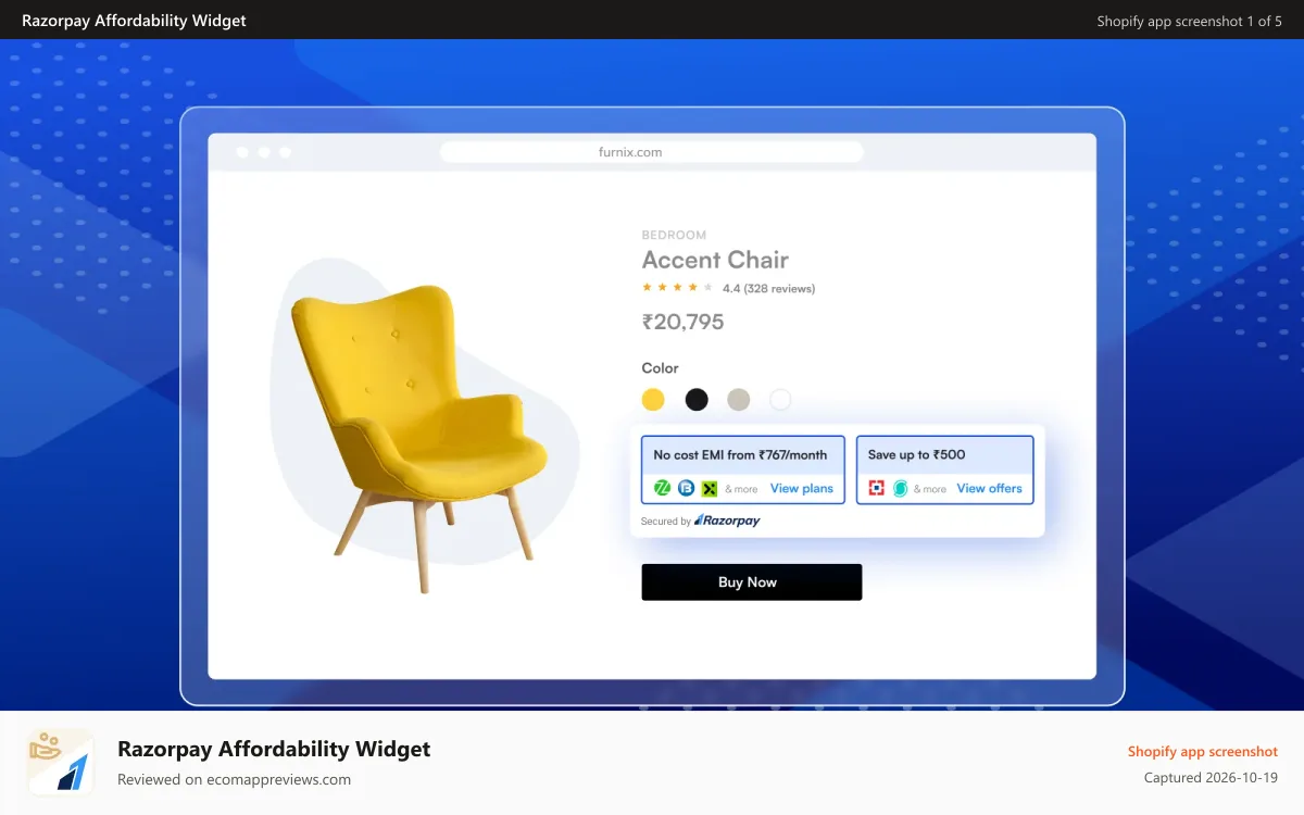 Razorpay Affordability Widget Shopify app screenshot: Razorpay Affordability widget
