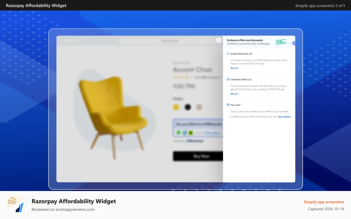 Razorpay Affordability Widget Shopify app screenshot: Razorpay offers and discounts