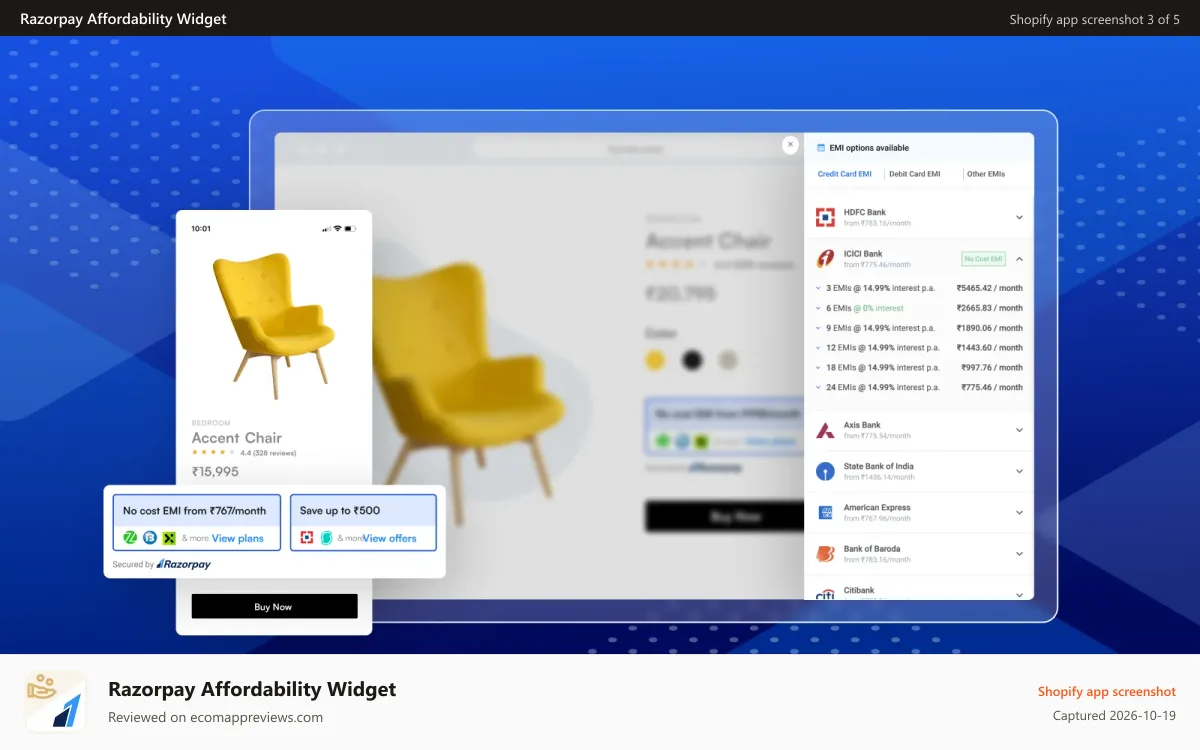 Razorpay Affordability Widget Shopify app screenshot: Razorpay Affordability widget