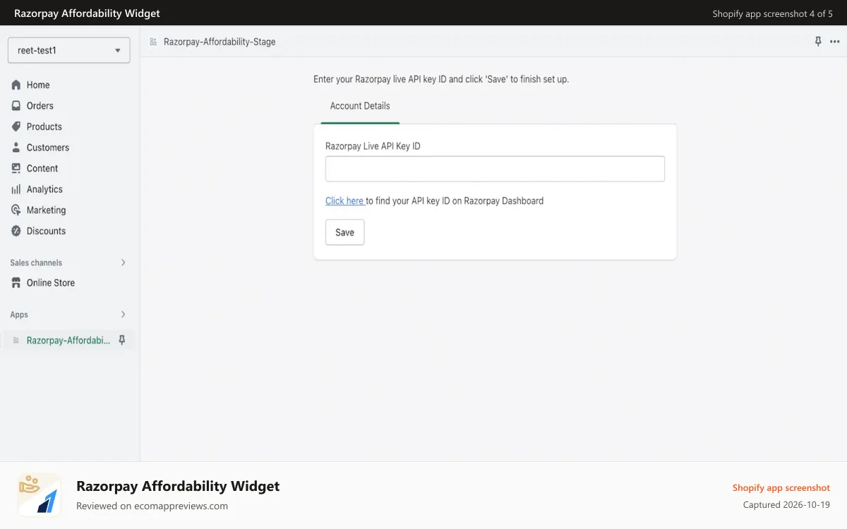 Razorpay Affordability Widget Shopify app screenshot: Razorpay Affordability widget User Interface