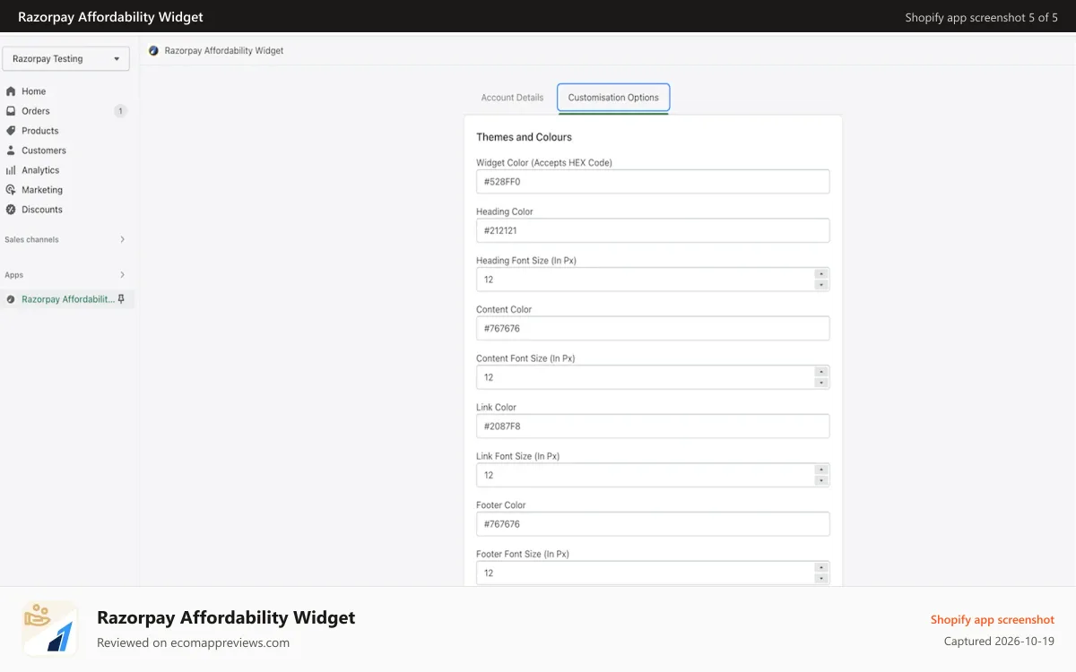 Razorpay Affordability Widget Shopify app screenshot: Razorpay Affordability widget Customisation User Interface