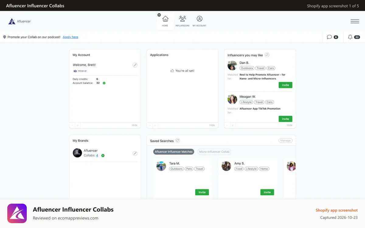 Afluencer Influencer Collabs Shopify app screenshot: Discover influencers & creators matched perfectly to your brand.