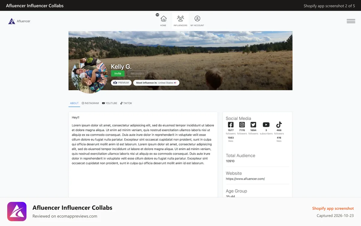 Afluencer Influencer Collabs Shopify app screenshot: Review influencer applications and select your ideal partners.