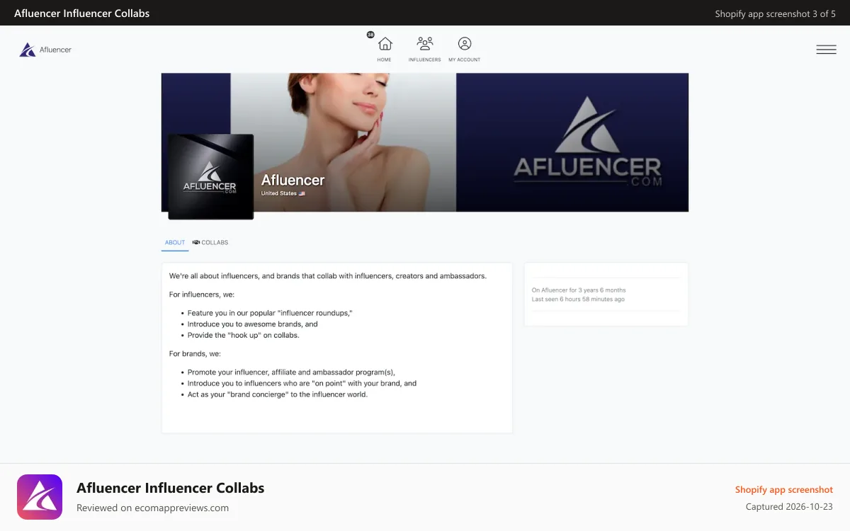 Afluencer Influencer Collabs Shopify app screenshot: Easily set up branded Collabs to attract top influencer talent.