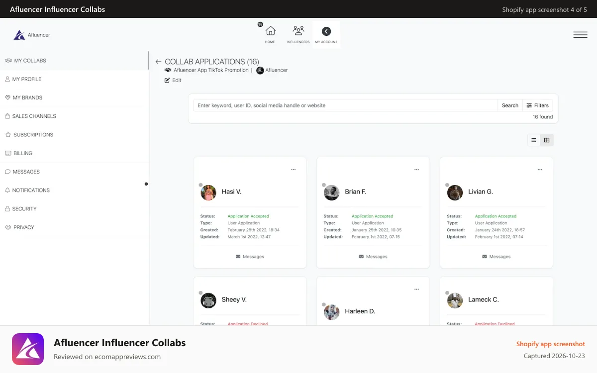 Afluencer Influencer Collabs Shopify app screenshot: Quickly manage & approve influencer applications at a glance.