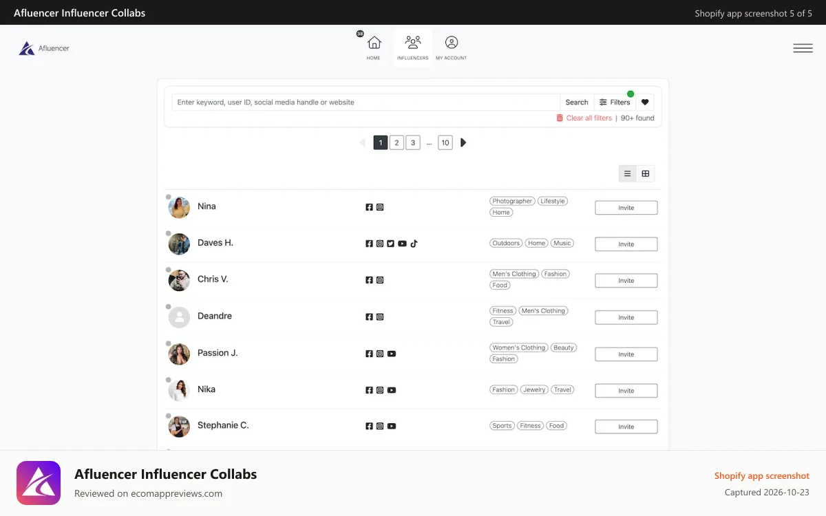Afluencer Influencer Collabs Shopify app screenshot: Instantly search & filter influencers by niche and engagement.
