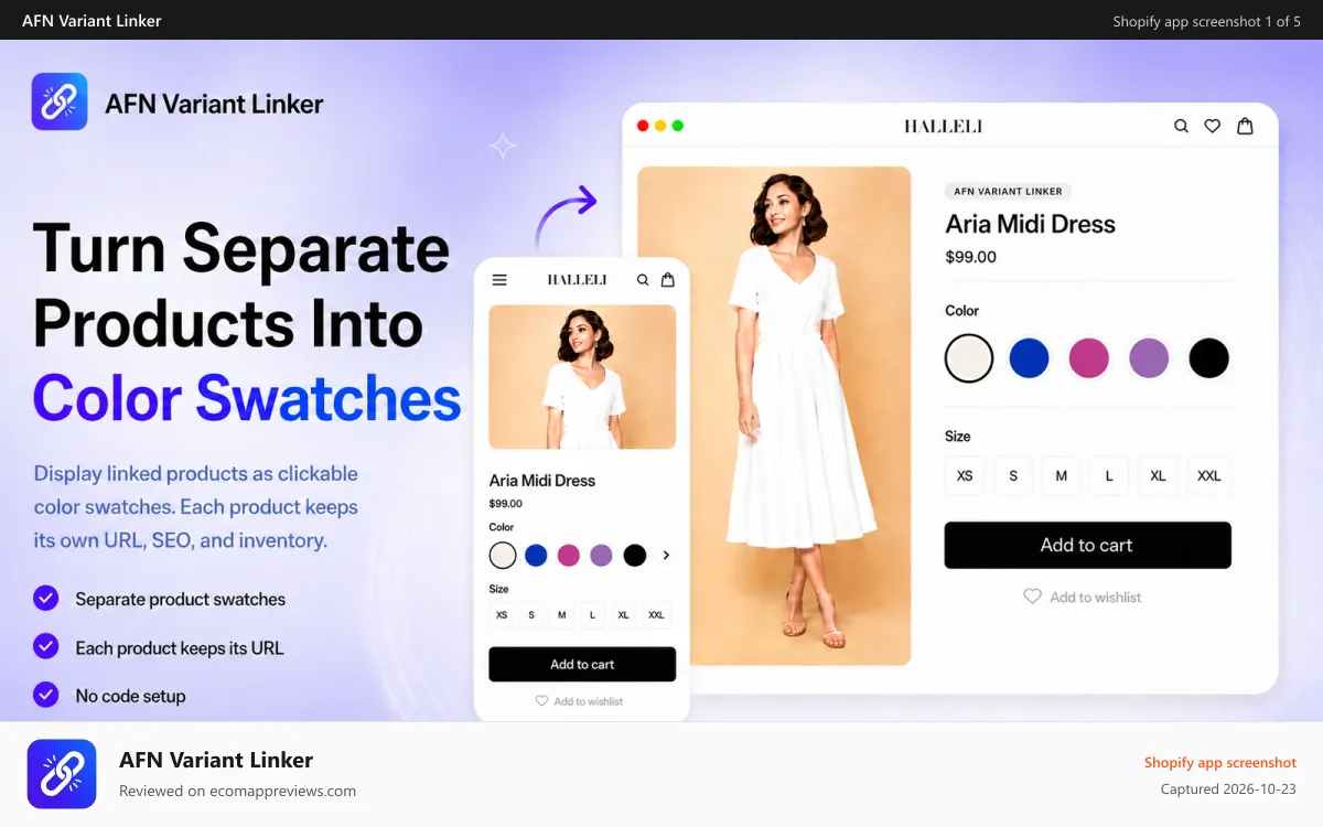 AFN Variant Linker Shopify app screenshot: Turn separate products into color and image swatches