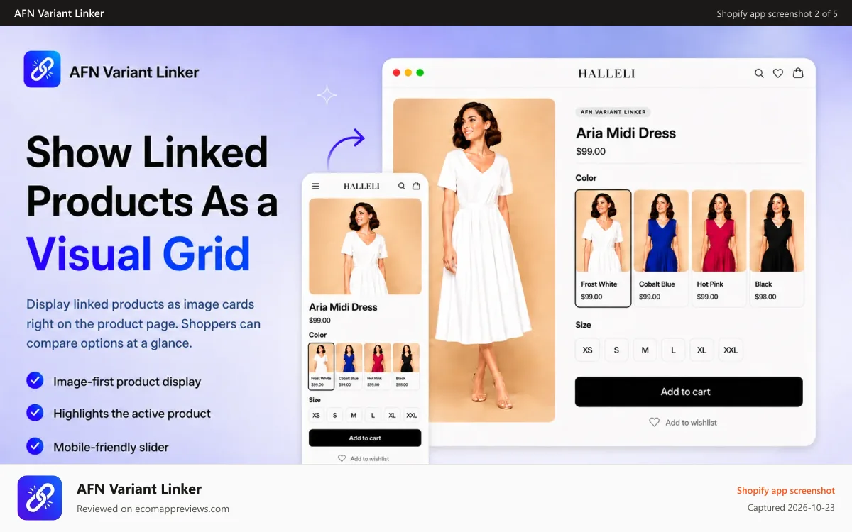 AFN Variant Linker Shopify app screenshot: Linked products shown as color swatches on a product page