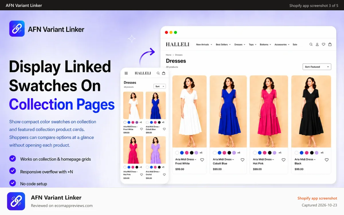 AFN Variant Linker Shopify app screenshot: Collection page swatches for linked Shopify products
