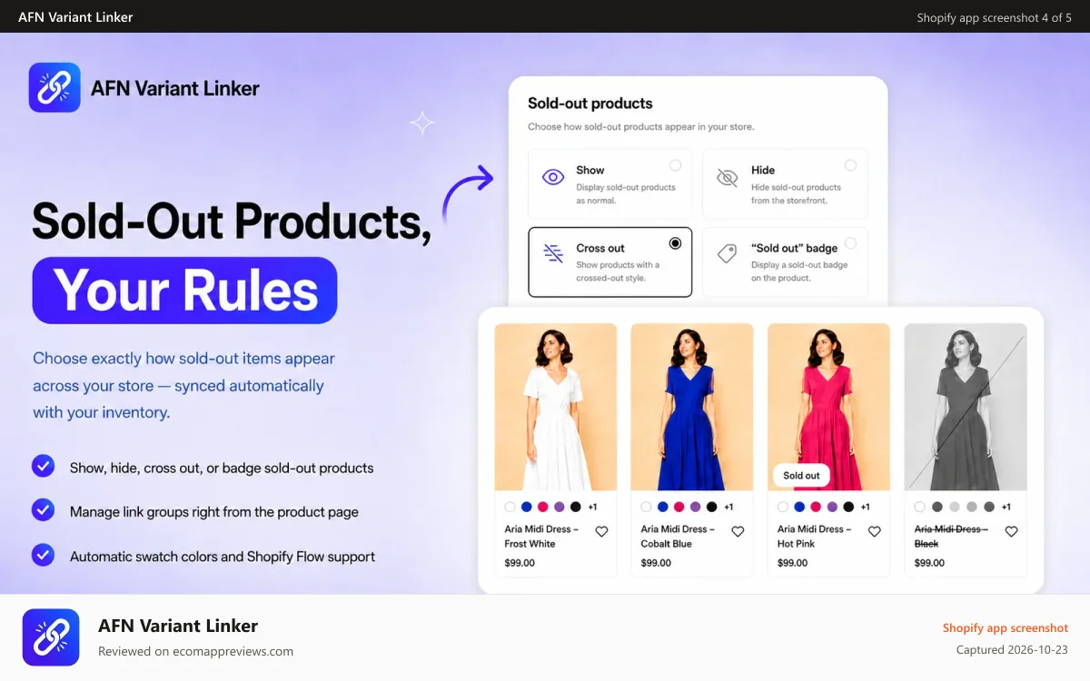 AFN Variant Linker Shopify app screenshot: Control sold-out product display for linked swatches