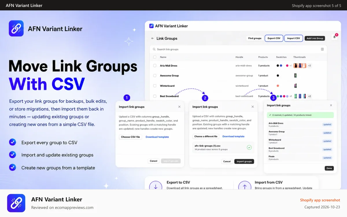 AFN Variant Linker Shopify app screenshot: Auto-detect link groups and import or export by CSV
