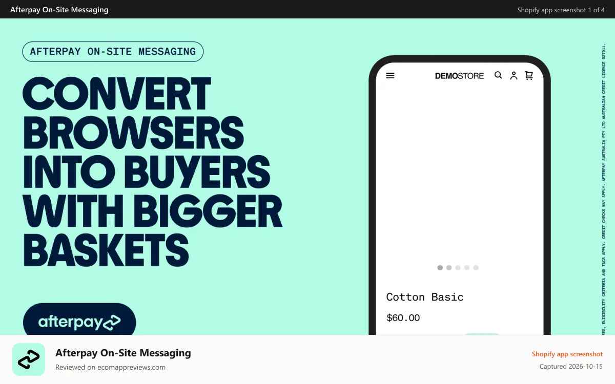 Afterpay On‑Site Messaging Shopify app screenshot: let customers know that you offer Afterpay by adding messaging!