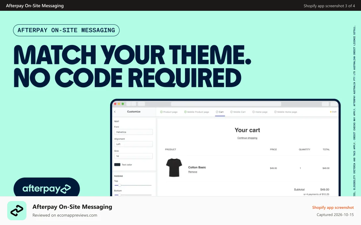 Afterpay On‑Site Messaging Shopify app screenshot: Match your theme. No code required.