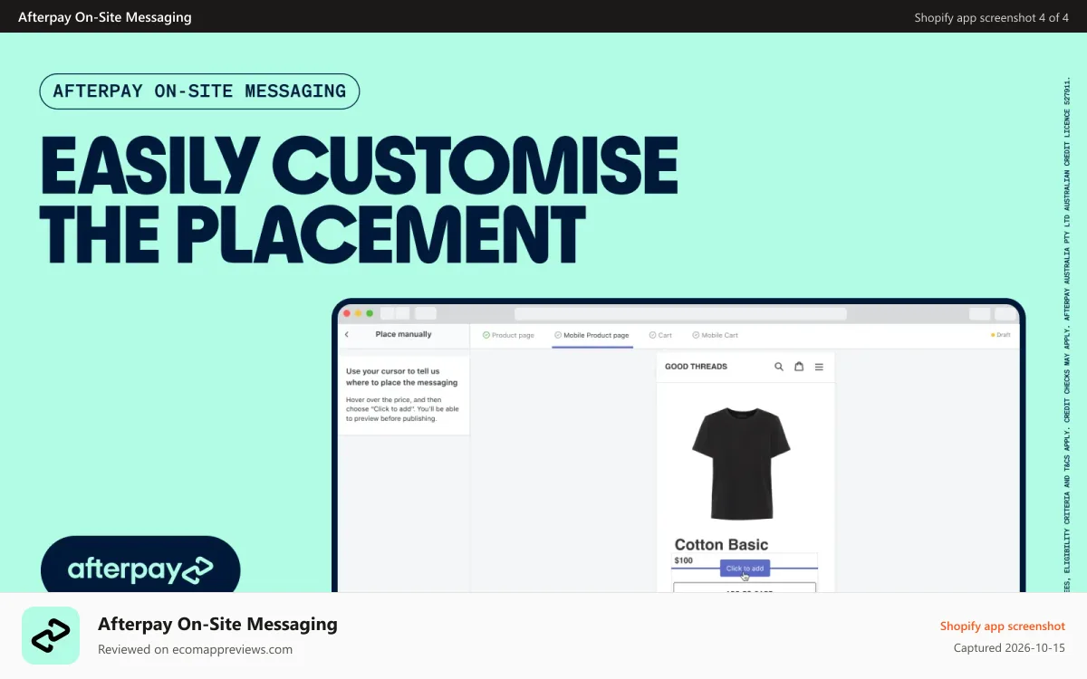 Afterpay On‑Site Messaging Shopify app screenshot: Easily customise the placement.