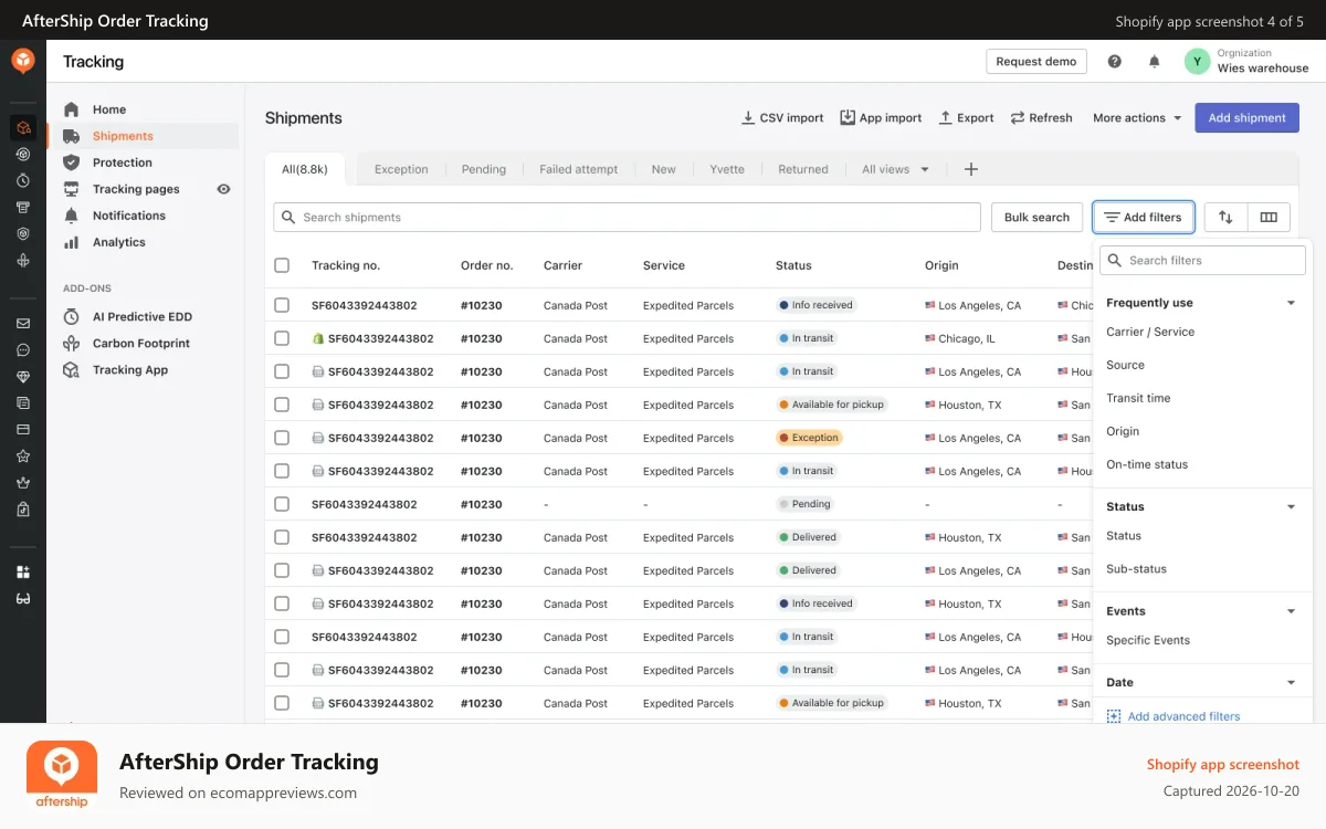 AfterShip Order Tracking Shopify app screenshot: AfterShip shipments dashboard