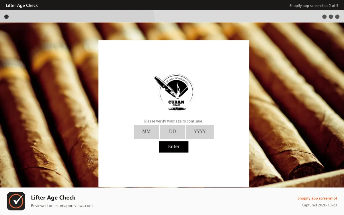 Lifter Age Check Shopify app screenshot: Age Check Desktop 1